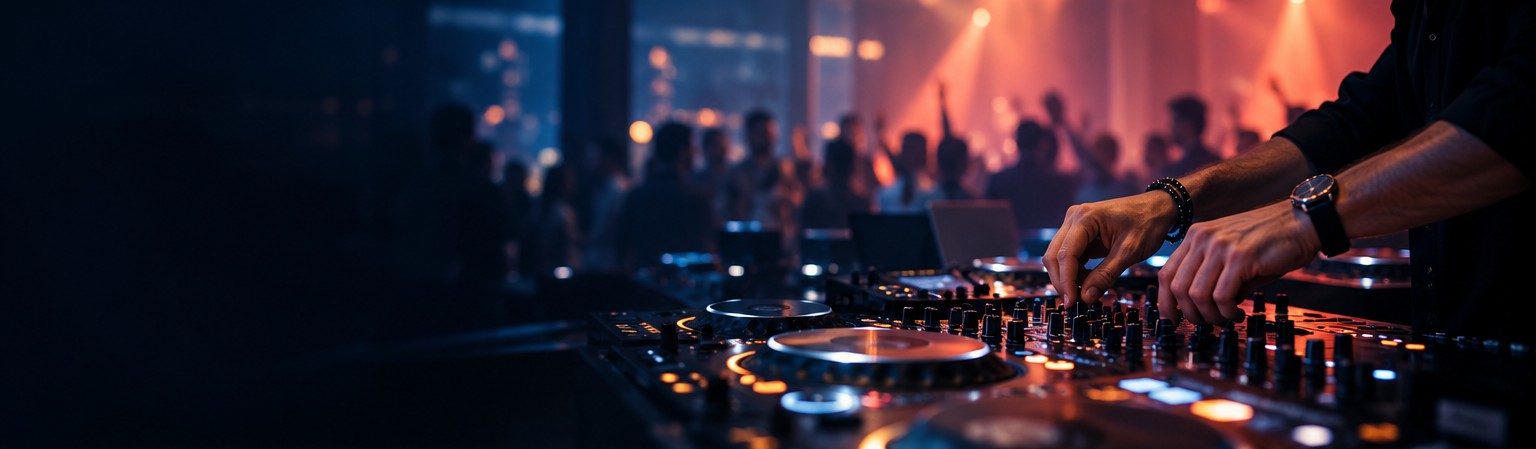 DJ vid mixerbord i blått och varmt ljus